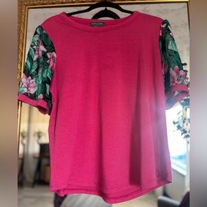 Vibrant Pink Women's Top with Floral Sleeves